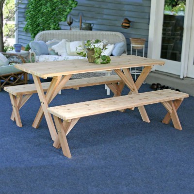 Red Cedar 27in  Wide 6' Backyard Bash Cross Legged Picnic Table w/ Detached Benches